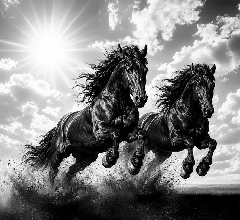 A dramatic black-and-white photograph representing the inspiration behind ZEN: the divine twin horsemen of Vedic tradition, the Ashvins. Two powerful, muscular black horses with flowing, windswept manes are captured mid-gallop, charging side-by-side with immense speed and energy. Their hooves kick up a dynamic spray of water and earth in the foreground. In the upper-left sky, a brilliant, radiant sun bursts through a dramatic landscape of scattered clouds, casting powerful rays of light across the scene. The image perfectly embodies the brand's core principles of speed, healing, and powerful restoration.