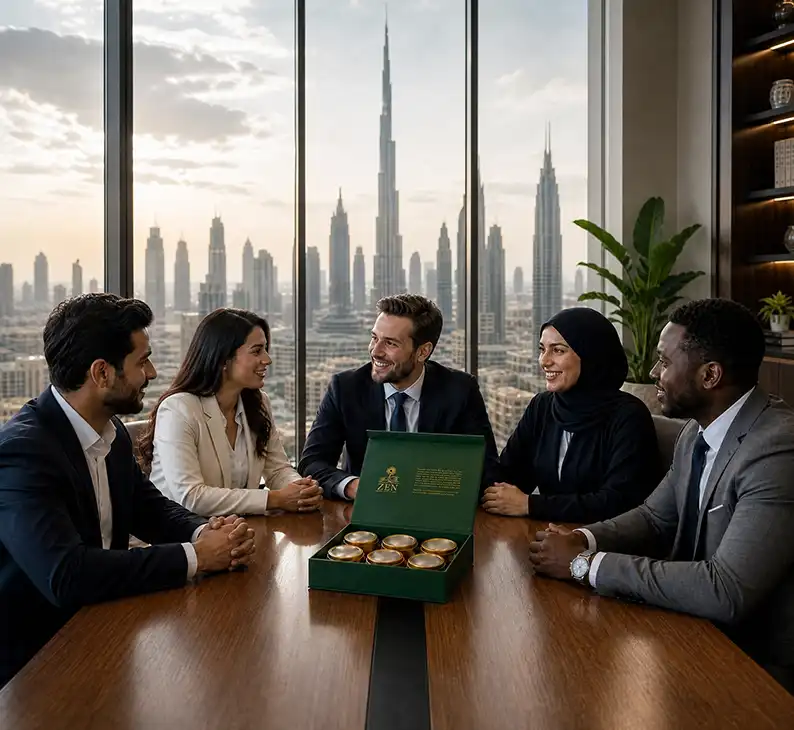 Premium corporate gifting in the UAE corporate market, showcasing the file Zen_Corporate.webp. A diverse group of multinational executives and a local business professional meet in a luxury Dubai high-rise office overlooking the Burj Khalifa skyline. A signature ZEN deep forest green corporate tea gift box rests on the boardroom table, illustrating a sophisticated, bespoke gifting experience tailored for high-profile UAE clients and corporate entities.